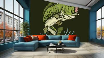 Handdrawn vintage bass fish jumping vector illustration Wall mural