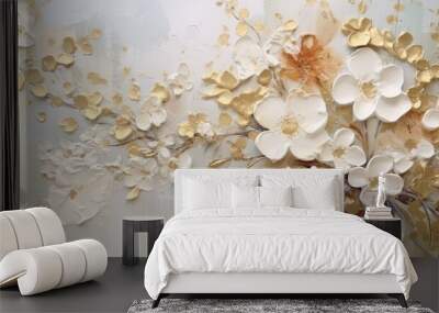 White flowers textured backdrops background with a lot of little ethereal florals, Chinese floral painting, white cream and tan colors with gold accents Generative AI  Wall mural