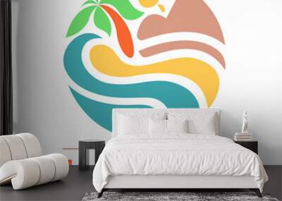 Summer travel vacation logo concept in circle shape. Sea resort, waves, mountains, sun, and palm tree. Paradise beach color graphic sign. Vector illustration. Wall mural