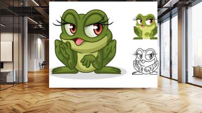 Female frog cartoon character mascot design, including flat and line art design, isolated on white background, vector clip art illustration. Wall mural