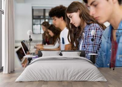 Group of high school students using laptop in classroom Wall mural