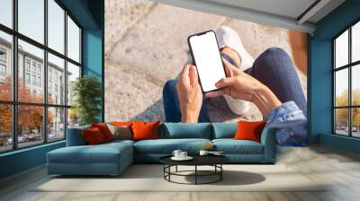 Hand holding blank smartphone Wall mural