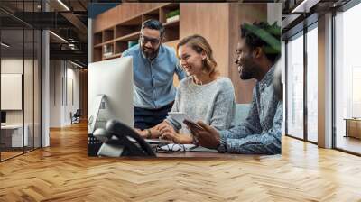 happy business team working together Wall mural