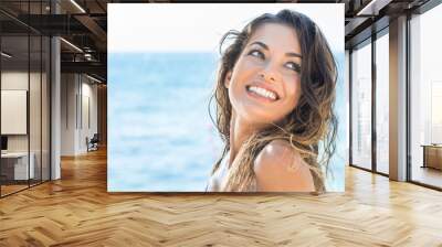 happy woman at beach Wall mural