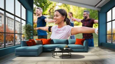 Mixed race woman exercising in park with mature friends Wall mural