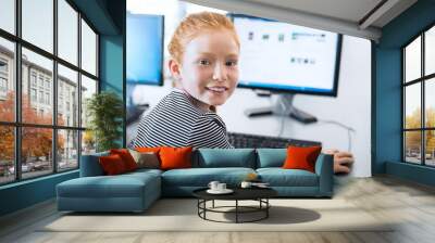 pupil girl using computer at school Wall mural