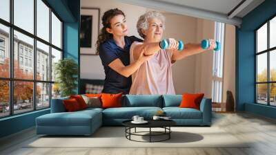 Senior woman using dumbbells with physiotherapist Wall mural