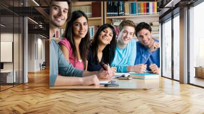 Smiling group of students in a library Wall mural