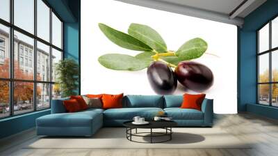 two black olives fruit with leaves isolated Wall mural