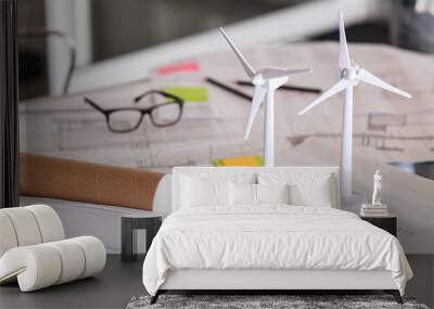 Wind turbines on architecture plan Wall mural