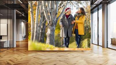 Woman with grandmother walking in park in autumn Wall mural