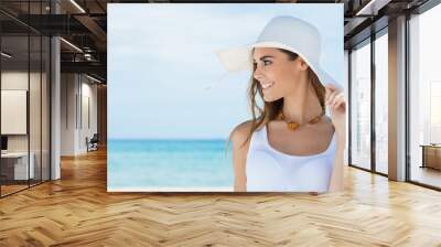 Woman With Sunhat At Beach Wall mural