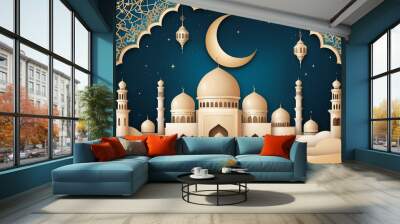 Eid al adha islamic background vector with mosque and lamp Wall mural