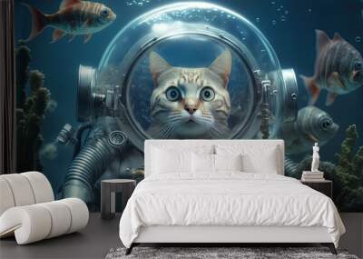 Illustration of a cat diver explorer - Created with generative ai Wall mural