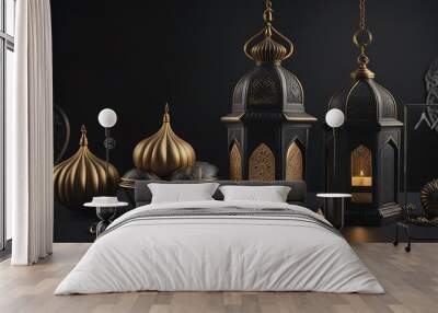 Illustration of Eid al-Adha and Eid Mubarak calligraphy featuring a 3D mosque and lantern on a black and gold background Wall mural