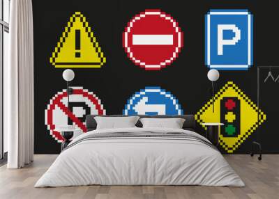 Collection set of pixel art sign road, traffic signs. Vector illustration on isolated background Wall mural