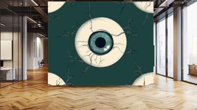 A simple doodle of an eyeball with little veins repeated on a dark green background Wall mural