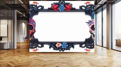 Decorative Day of the Dead-themed photo frame with colorful skull motifs isolated on white Wall mural