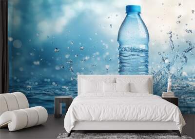 A plastic bottle of water with a blue cap is shown with water splashing around it. The background is a bokeh effect with blue and white colors. Wall mural