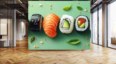 A variety of sushi rolls, including salmon, avocado, and crab, arranged in a line on a green background with sesame seeds and basil leaves. Wall mural