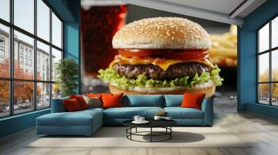 Burger with delicious patty, soda drink, french fries and sauce on dark table against gray background, closeup Wall mural