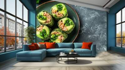 Homemade Avocado Tuna Wraps on a Plate, top view. Flat lay, overhead, from above. Copy space Wall mural