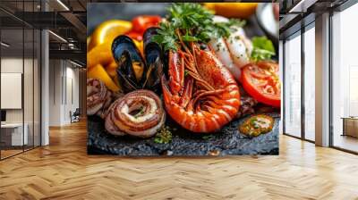 Seafood platter for 2-4 persons. Lobster, octopus, blue mussels, Argentina king prawns, tuna tartare. Delicious healthy traditional food closeup served for lunch in modern gourmet cuisine restaurant Wall mural