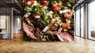 Tacos de Arrachera: Tacos filled with marinated and grilled skirt steak, garnished with cilantro, onions, and salsa Wall mural