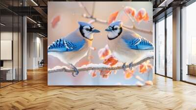 Two Blue Jays Perched on a Snowy Branch Wall mural