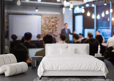 Business People Meeting and Working while Business Executive Lead Presenter Speaks to Group of Successful Technology Entrepreneurs. Consultant Advisor. Growth Training Lecture. Defocused Blurred Wall mural