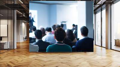 Presenter Presenting on Stage at Conference Meeting. Professional Lecture. Blurred De-focused Unidentifiable Presenter and Audience. Corporate Executive Manager Speaker. People Attendees Wall mural