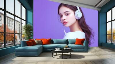 woman with headphones in purple background Wall mural