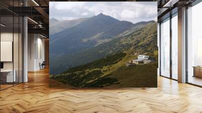 west panorama view from hillside of Kralicka with chata Gen. M. R. Stefanika  in Nizke Tatry mountains in Slovakia Wall mural