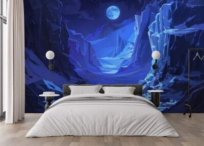 Snowy mountain landscape with bright moon and starry night sky Wall mural