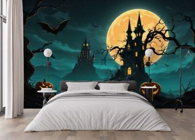 The background of the haunted castle creates a spooky atmosphere. Flying bats add to the evil aura on a full moon night. Singing owls add to the mystical atmosphere. Halloween vector illustration. Wall mural