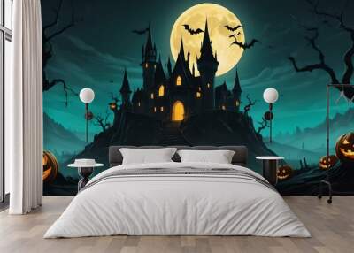 The background of the haunted castle creates a spooky atmosphere. Flying bats add to the evil aura on a full moon night. Singing owls add to the mystical atmosphere. Halloween vector illustration. Wall mural