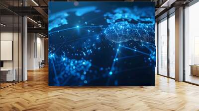 Abstract digital world map on blue background with binary code and global network connection technology concept, data transfer and cyber security in the cyberspace Wall mural