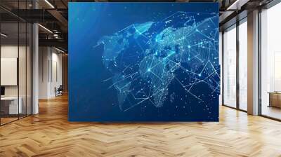 Abstract digital world map on blue background with binary code and global network connection technology concept, data transfer and cyber security in the cyberspace Wall mural