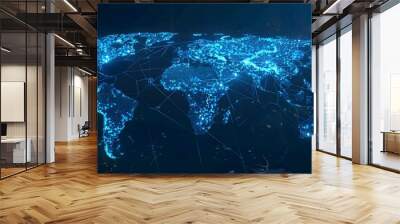 Abstract digital world map on blue background with binary code and global network connection technology concept, data transfer and cyber security in the cyberspace Wall mural