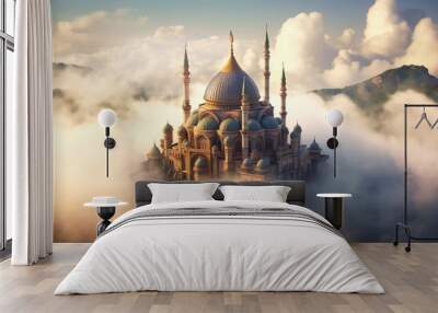 Beautiful white mosque at the white cloud. Flying mosque. Celebrate islamic moslem new year Wall mural