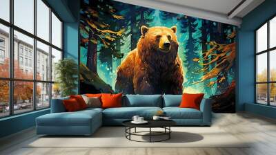 illustration of psychadelic bear in a glowing enchanted forrest. 8k resolution Wall mural