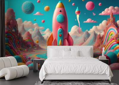 Rocket on candy planet Wall mural