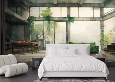 Watercolor interior green building environment background. 8k resolution Wall mural