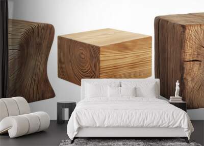 Wooden cubes set isolated on transparent background, natural wooden blocks for decoration and construction Wall mural