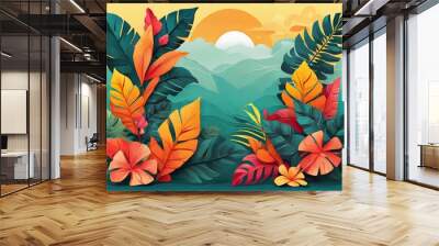 Summer concept design, abstract illustration with jungle exotic leaves, colorful design, summer  background Wall mural