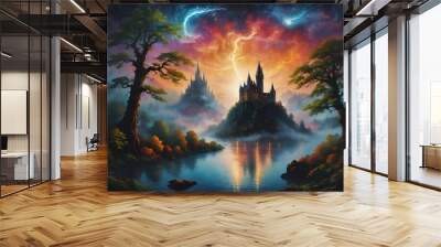 The kingdom in the middle of the lake. Colorful lightning from above the clouds Wall mural