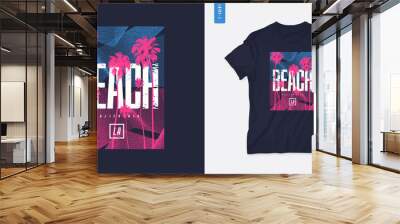 Beach California graphic t-shirt summer design with palm trees, vector illustration Wall mural