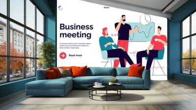 Business concept flat style outline vector illustration on the subject of office meeting, teamwork, group discussion. Editable stroke Wall mural