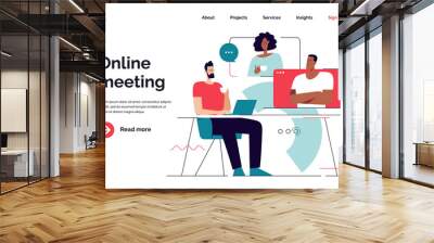 Business concept flat style outline vector illustration on the subject of online meeting, group discussion, video conference. Editable stroke Wall mural