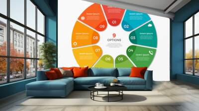 circle chart infographic template with 9 options for presentations, advertising, layouts, annual rep Wall mural